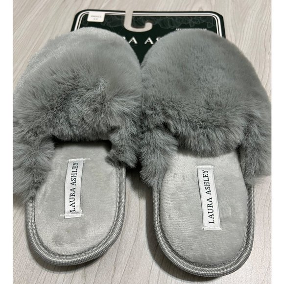 Laura Ashley Womens Plush Faux Rabbit Fur Memory Foam Slide Slippers NWT 5-6 S - Picture 3 of 6